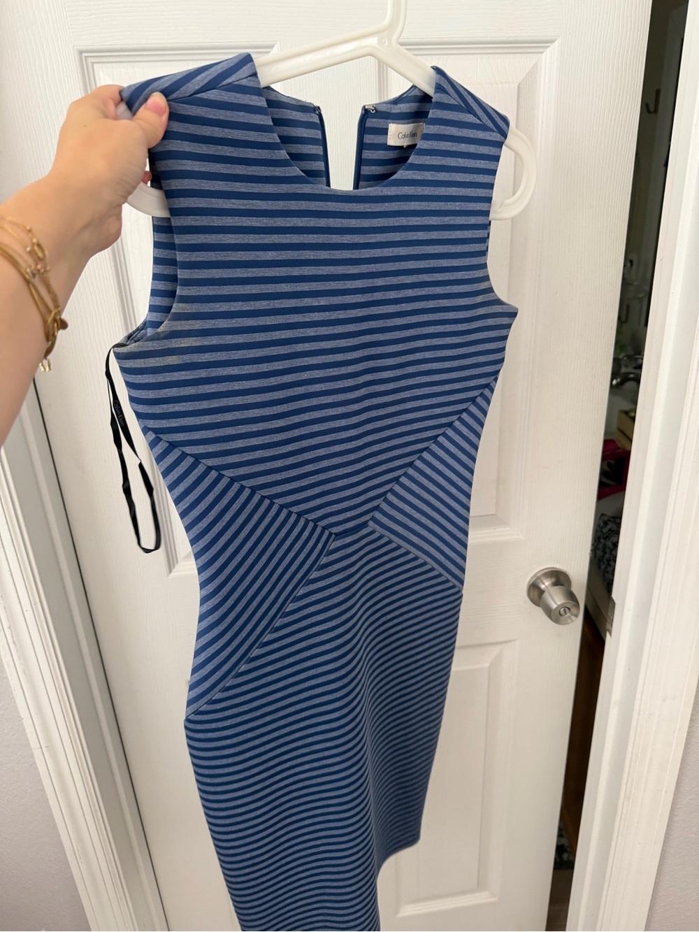 Calvin Klein Navy and Light Blue Striped Midi Sheath Dress